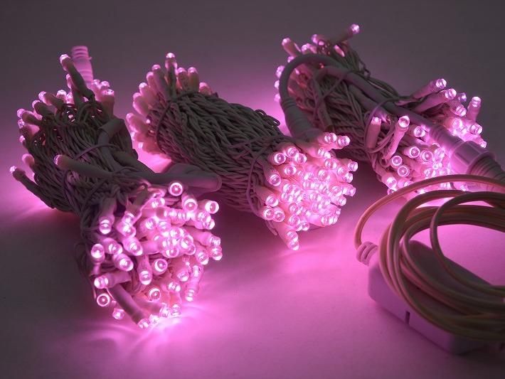 2芯LEDストリングスライト　100球10M　ピンク　3本セット（300球+パワーコード1本）　ホワイトコード