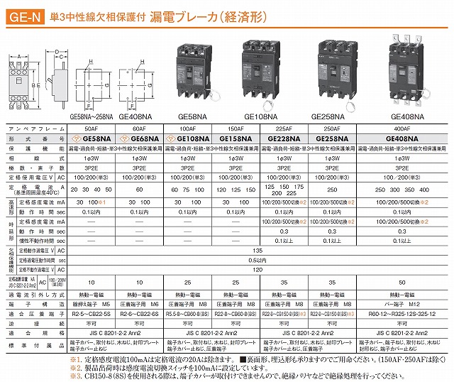 通販 | 日東工業 GE68NA 3P60A F100 [GE-N]単3中性線欠相保護付漏電 
