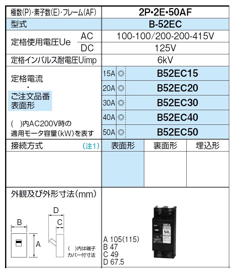 新商品 テンパール工業 52EC2015F 漏電遮断器 経済タイプ Eシリーズ OC付 埋込形 50AF 2P2E 100-200V 20A 15mA  ££
