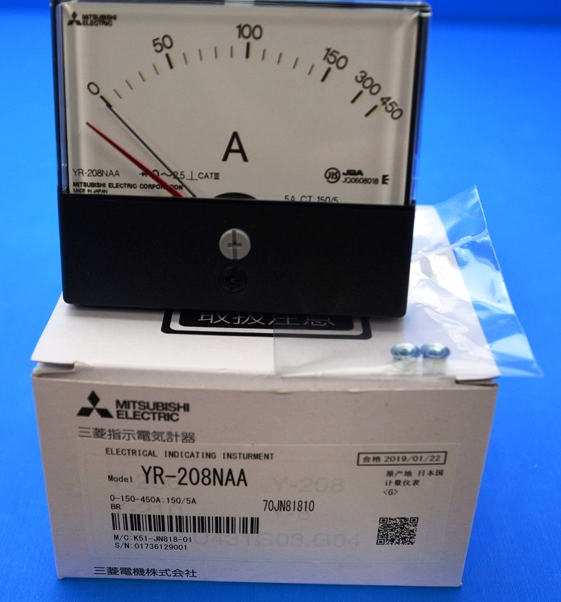 三菱電機　YR-208NAA　0-150-450A：150/5R　BR　交流電流計 角形計器