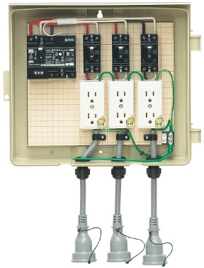 未来工業（MIRAI)　3-33CB　ELB組込品　（ベージュ色）　屋外電力用仮設ボックス　（漏電しゃ断器・分岐ブレーカー・コンセント内蔵）