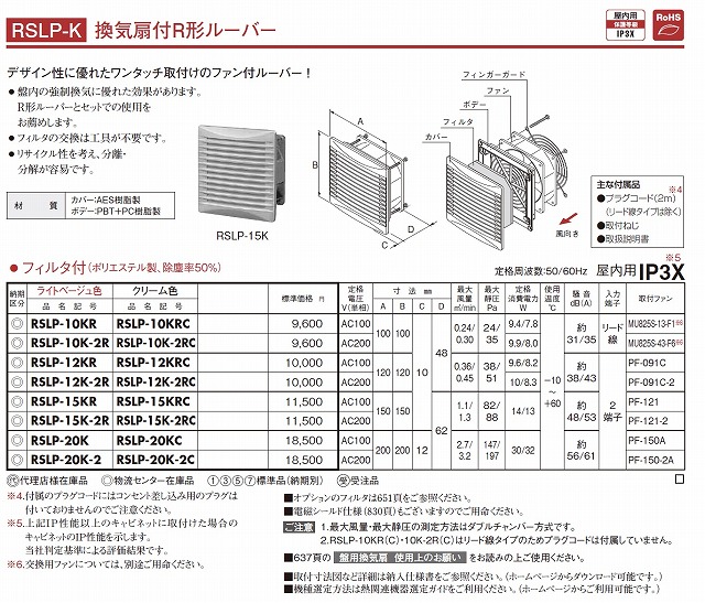 日東工業 RSLP-15KR 換気扇付R形ルーバー ライトベージュ色 AC100Vの