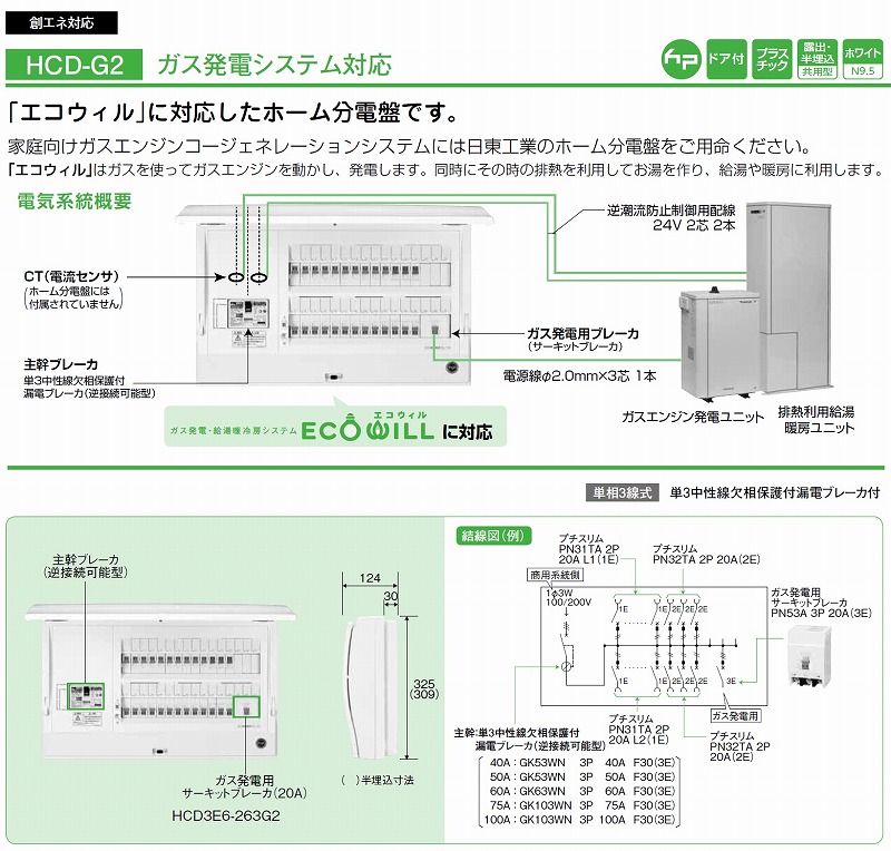 日東工業 HCD3E6-143G2 ホーム分電盤（ドア付）ガス発電システム対応の 